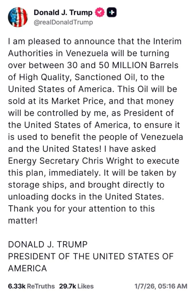 ट्रंप का दावा: वेनेजुएला देगा अमेरिका को करोड़ों बैरल तेल